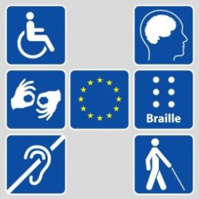 I loghi che rappresentano varie forme di disabilità, con la bandiera dell’Unione Europea al centro