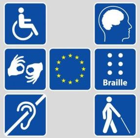 I loghi che rappresentano varie forme di disabilità, con la bandiera dell’Unione Europea al centro